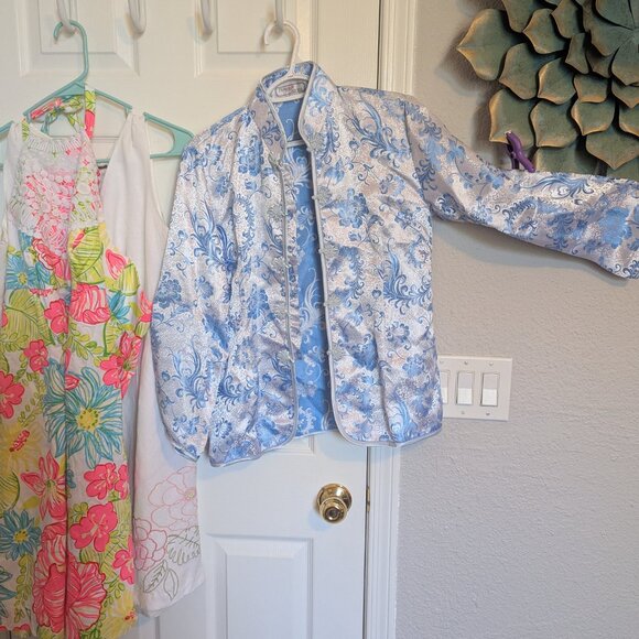 Mandarin Collar Jacket | Silver Blue Brocade | M | Flower Series | EUC - Picture 1 of 10